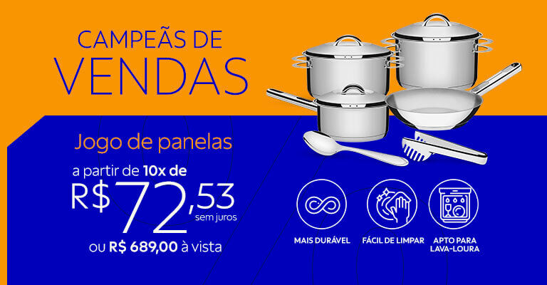 Campe&atilde;s de vendas | Jogos de panelas a partir de 10x de R$ 72,53 sem juros ou R$ 689,00 &agrave; vista