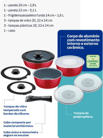 Três panelas com corpo de alumínio e revestimento interno e externo cerâmico. Três tampas de vidro temperado com bordas de silicone. Três tampas de polipropileno. Um cabo único, removível e seguro, composto por materiais antitérmicos.