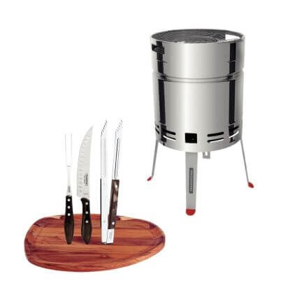 Kit Churrasco Tramontina TCP 400 Churrasqueira Carv&atilde;o Bandeja Teca 44x33cm e Jogo Polywood 5 Pe&ccedil;as - SKU 99900020