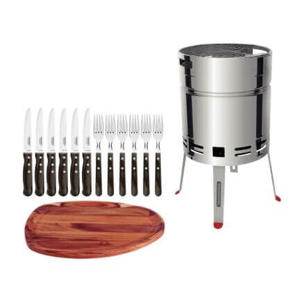 Kit Churrasco Tramontina Churrasqueira TCP 400 Bandeja Teca 44x33cm e Talheres 14 Pe&ccedil;as - SKU 99900021
