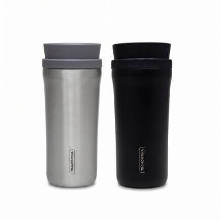 Kit Copos T&eacute;rmicos Tramontina em A&ccedil;o Inox e Preto com Tampa Bocal 360 Graus 460ml 2 Pe&ccedil;as - SKU 99900029